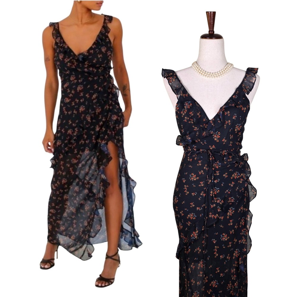 Rumored Wrap Dress Size Large Floral Maxi Ruffle Feminine Summer Boho Navy Blue